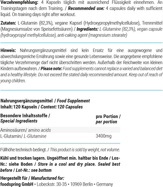 Valeurs nutritives et ingrédients Foodspring L-Glutamine (1 pièce(s), Capsules, 102 g)