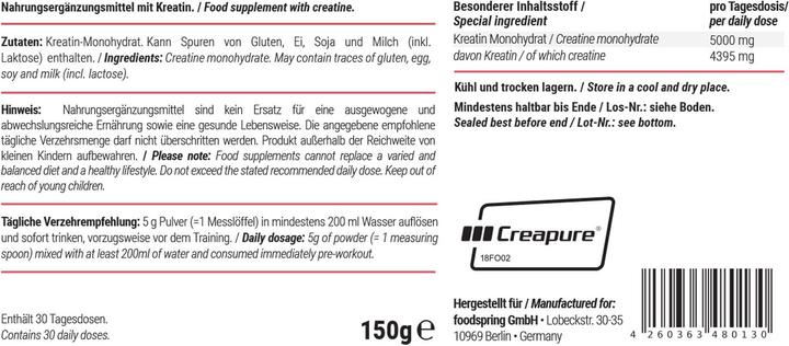 Nährwerte und Zutaten Foodspring Creatine (1 Stück, Pulver, 150 g)