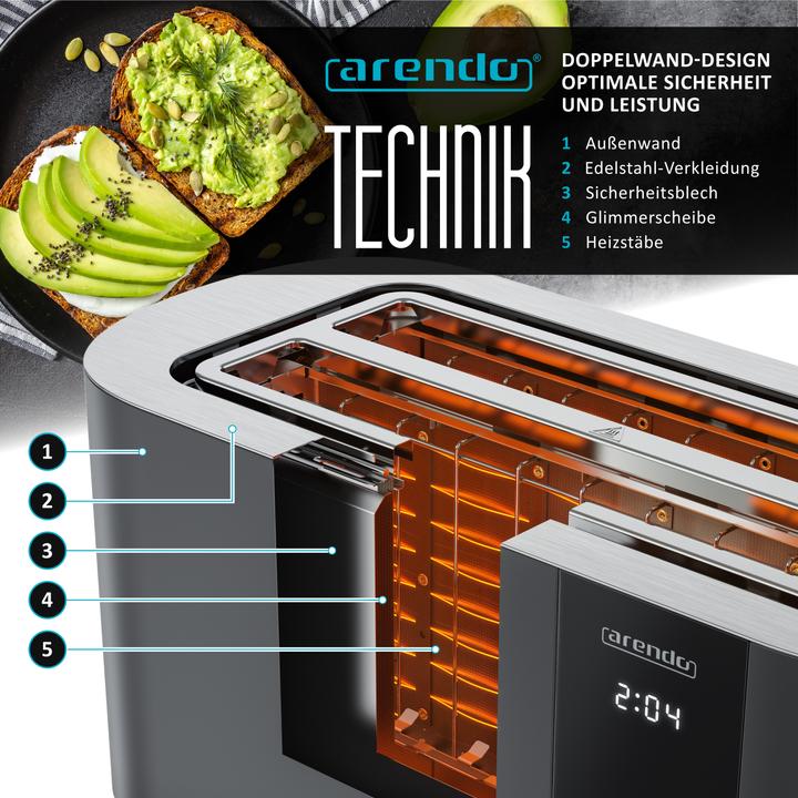 Actual product image Arendo Toaster Edelstahl 4 Scheiben Langschlitz, Touch Display, Bräunungsgrad & Restzeitanzeige, 1500 W (EU plug)