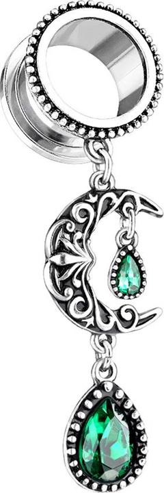 Actual product image Star Piercing Flesh Tunnel Pendant Half Moon with Crystal (Brass, Surgical steel 316L)