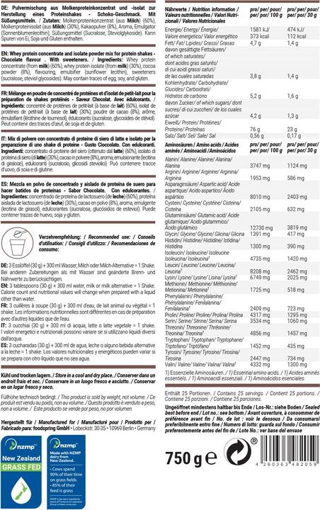 Nährwerte und Zutaten Foodspring Whey Protein (Schokolade, 1 Stk., 750 g)