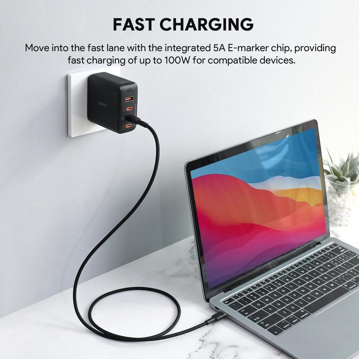Actual product image Aukey USB-C Cable in Silicone, 100W, 1m - Black (1 m, USB 3.2 Gen 1, 100 W)