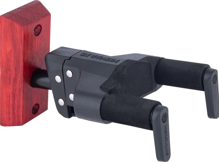 Hercules GSP38WBR PLUS Gitarrenwandhalter mit Holzplatte rot, kurz (E-Gitarre, Mandolin, Ukulele, Banjo)