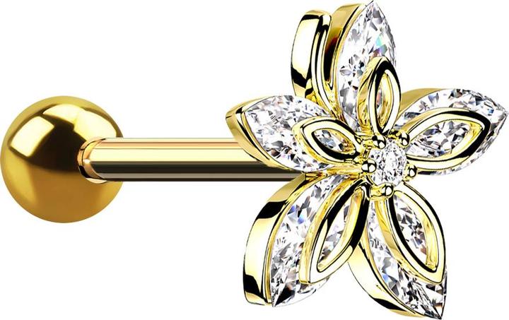 Immagine prodotto Star Piercing Micro Barbell vergoldet mit Kugel und Blume fünf Kristallblätter (Acciaio chirurgico 316L, Ottone)