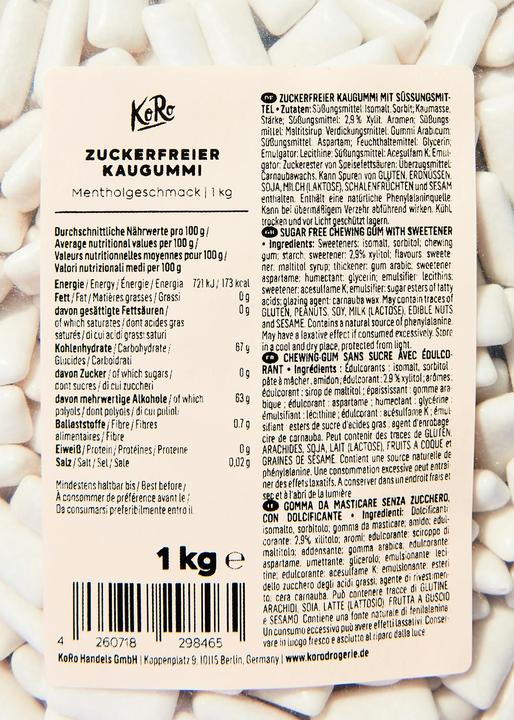 Nährwerte und Zutaten KoRo Zuckerfreier Kaugummi mit Süssungsmittel (1 Stk., 1000 g)