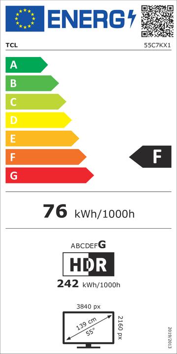 Etichetta energetica TCL Serie C7K Smart TV QD-MiniLED 4K 55" 55C7K, audio B&O, Dolby Vision IQ & Atmos, Google TV (55", Mini-LED, 4K, 2025)