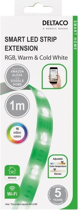Actual product image Deltaco SMART HOME LED strip extension, 1m, RGB, 2700K-6500K, 6 contacts, suitable for SH-LS3M, whit (Multicoloured, 300 cm, Indoor, Outdoor)