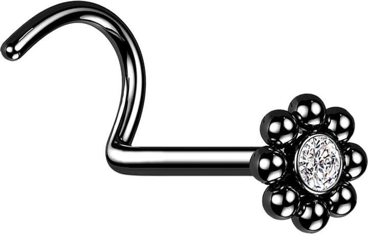 Image du produit Star Piercing Nasenstecker gebogen schwarz Blume mit Kugeln und Kristall (sans laiton, Acier chirurgical 316L)