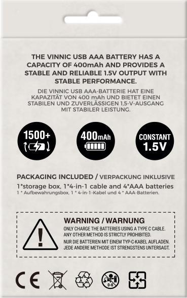 Image du produit Vinnic Rechargeable Battery AA USB-C 400mAh 4pcs incl. Case&Charging Cable (4 pcs, AAA, 400 mAh)