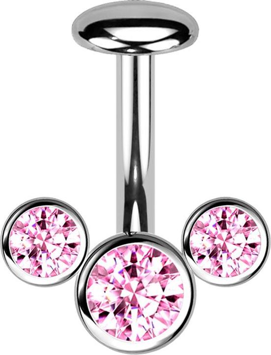 Star Piercing Threadless Labret-Stab Banane silber front drei Kristalle pink (Titan G23)