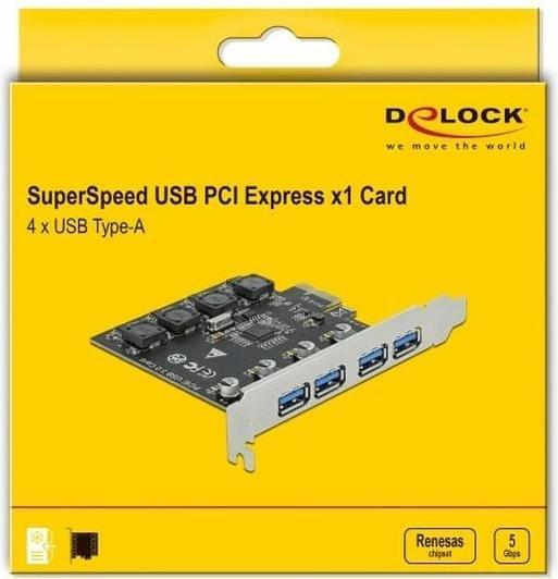 Actual product image Delock PCI Express x1 card to 4 x external USB Type-A socket SuperSpeed USB (USB 3.2 Gen 1)