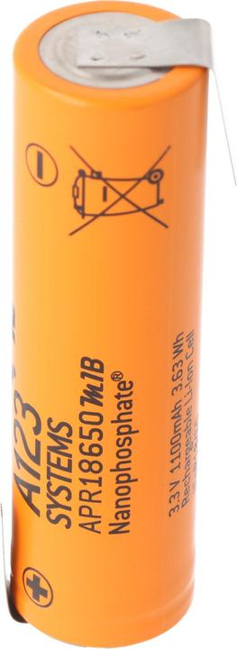 Actual product image A123 Systems A123 APR18650M-A1 1100mAh 3.3V LiFePo4 battery with solder tag Z-shape 64.95x18.2mm (1 pcs., 1100 mAh)