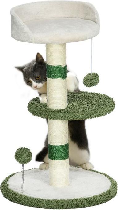 Image du produit Swisshandel24 Arbre à chat Petit 64 cm rond avec surface de repos, balle de jeu, sisal, jusqu'à 4 kg (64 cm, Blanc+Vert+Beige)