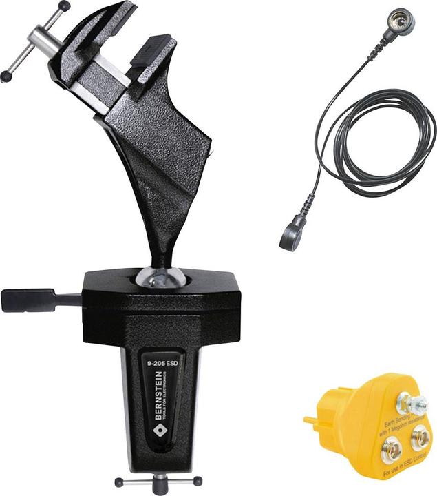 Bernstein ESD Kugelgelenk-Schraubstock (Anklemmen) ableitfähig + Stecker + Erdungsleitung (70 mm)