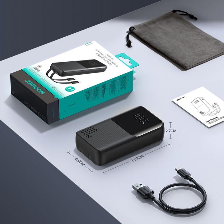 Produktbild Joyroom 30W 20000mAh mini Power Bank with built-in Cables, USB-A & USB-C - Black (10000 mAh, 30 W, 37 Wh)