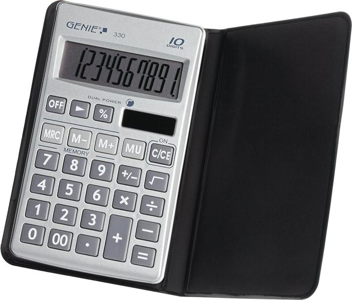 Actual product image Genie 10-digit flat calculator with dual power solar and battery and protective case (Solar cells)