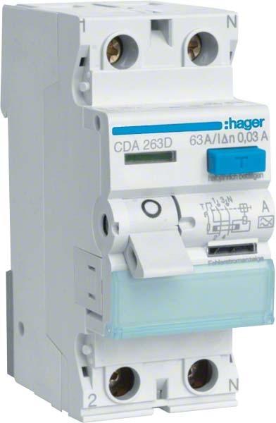 Actual product image Hager RCD 2pin 63A/30mA 6kA CDA263D