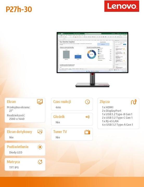 Image du produit Lenovo ThinkVision P27h-30 (2560 x 1440 pixels, 27")