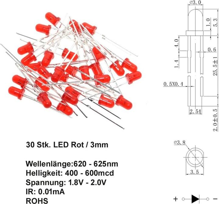Image du produit OEM 30 pièces. LED rouge 3mm