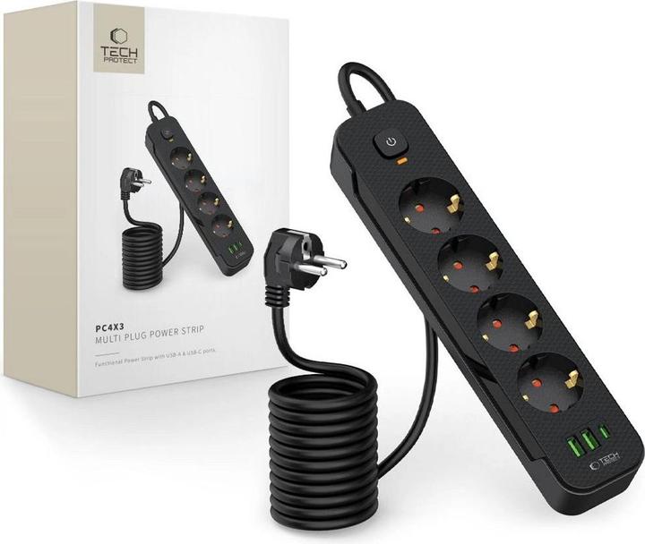 Image du produit Tech-Protect PCL4X3 Power Strip 4 Sockets 240V + 2xUSB-A + 1xUSB-C 200 cm - Noir (2 x, USB-A, USB-C, 2 m)