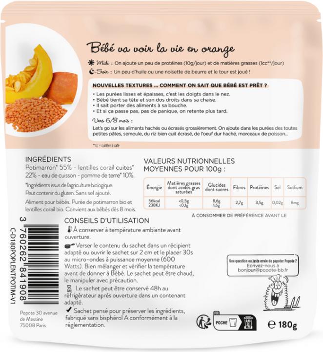 Nährwerte und Zutaten Popote Babybrei Kürbis-Rote Linsen BIO (180 g)