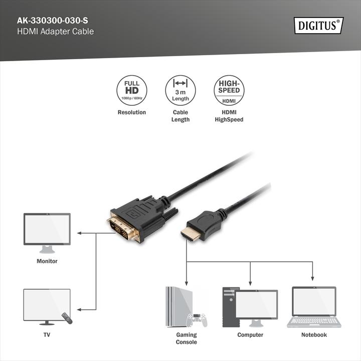 Productafbeelding Digitus HDMI (type A) - DVI (3 m, DVI)