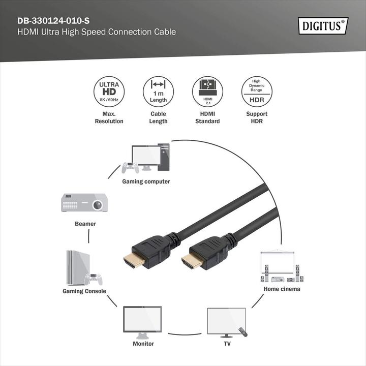Productafbeelding Digitus HDMI Ultra Hoge Snelheid Verbindingskabel, Type A St/St (1 m, HDMI)