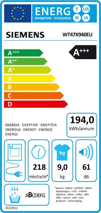 Energie-Label Siemens WT47X940EU Avantgarde (9 kg, Rechts, CH-Stecker)