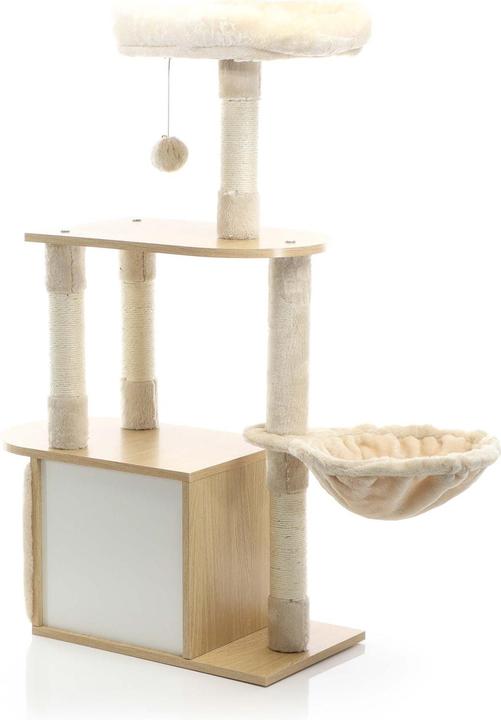 Actual product image Fudajo Cat Tree Wooden Beige 106cm Scratching Post with Cat House Sisal Scratching Trunks and Divans (106 cm, Wood, Beige)