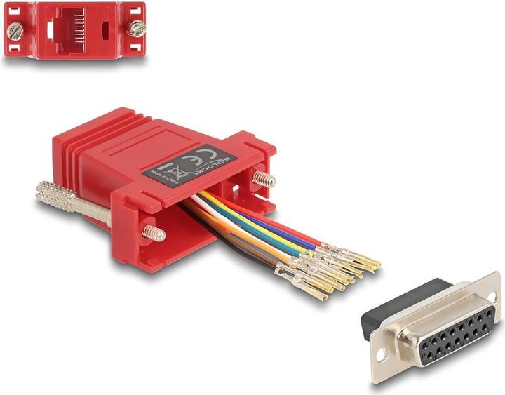 Actual product image Delock D-Sub 15 pin socket to RJ45 socket mounting kit red (0.04 m, VGA)