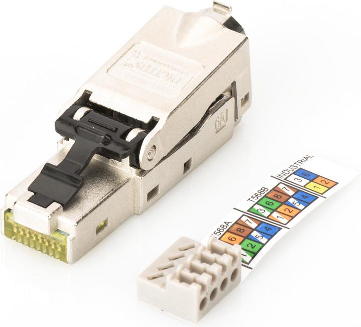 Actual product image Digitus Shielded RJ45 plug for field assembly AWG 22-27 10 GBit Ethernet PoE+ Dust cap Anti-kink protection (Network cable plug)