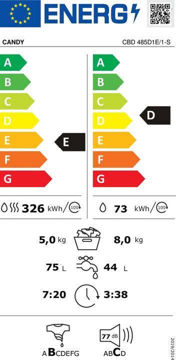 Energie-Label Candy CBD 485D1E/1-S Waschtrockner Integriert Frontlader Weiss E