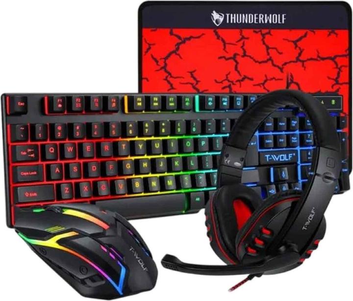 Produktbild Apfelkiste Gaming Combo 4in1: Maus, Headset, Tastatur & Mauspad – RGB QWERTY (Schwarz) (Eng. Int., Kabelgebunden)