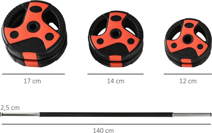 Produktbild Homcom Langhantel-Set 20 kg, inkl. 6 Hantelscheiben, rutschfeste Stange, schwarz+rot (2 x 5 kg)