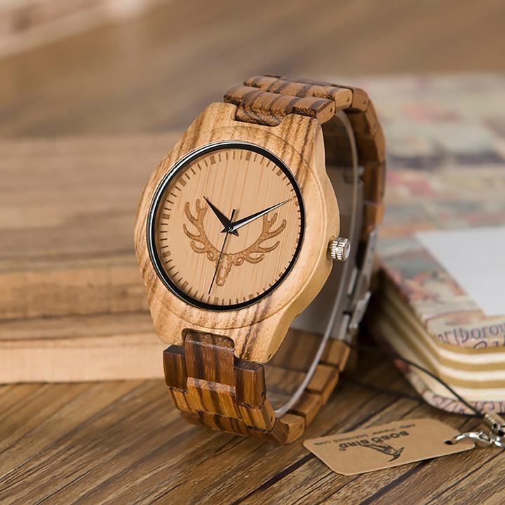 Actual product image Natura Punto Bamboo sporty watch with forest deer head, wooden bracelet (Sports watch)