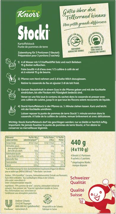 Valeurs nutritives et ingrédients Knorr Stocki 100% naturel Purée de pommes de terre suisses (440 g)