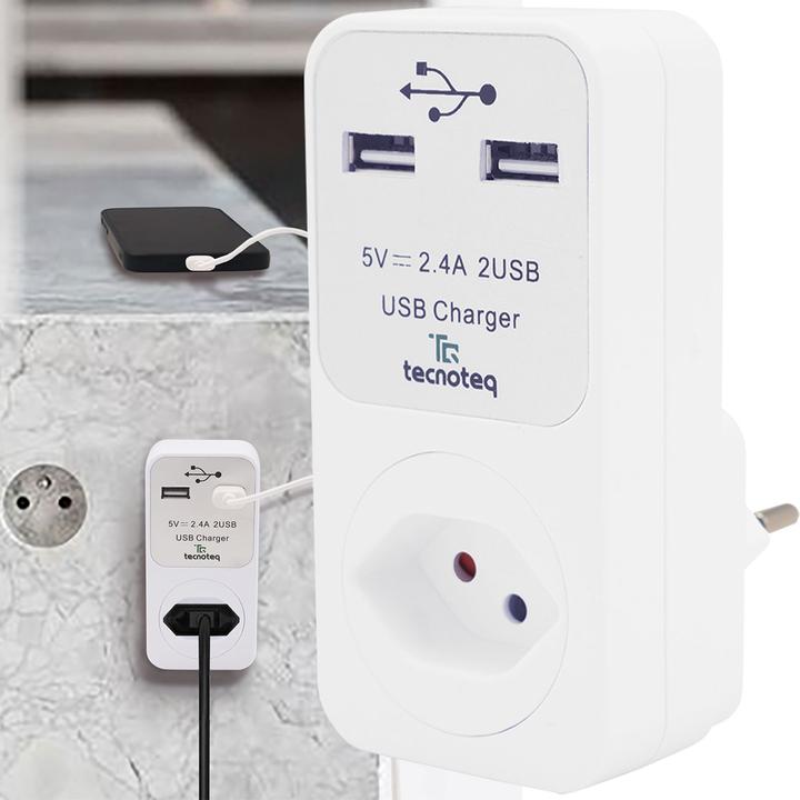 Tecnoteq Socket outlet with 2x USB charging port 2.4A overvoltage protection, Swiss-Edition