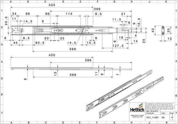 Immagine prodotto Hettich Schubladenschiene Vollauszug 400 mm chromatiert 2 Stück