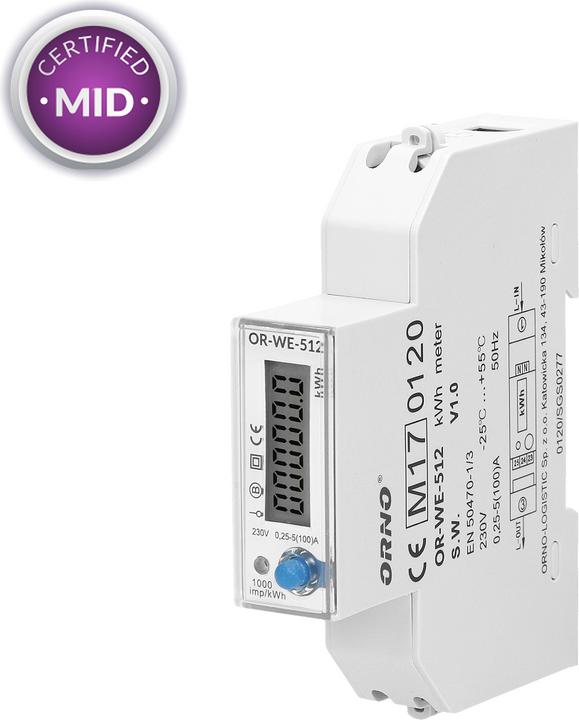 MGA Orno LCD digital AC meter, 1-phase display of power consumption with MID certificate, 100A
