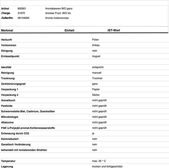 Valeurs nutritives et ingrédients Zimmerli Adaptogene Baies d'aronia (BIO) (1 pièce(s), Poudre, 100 g)