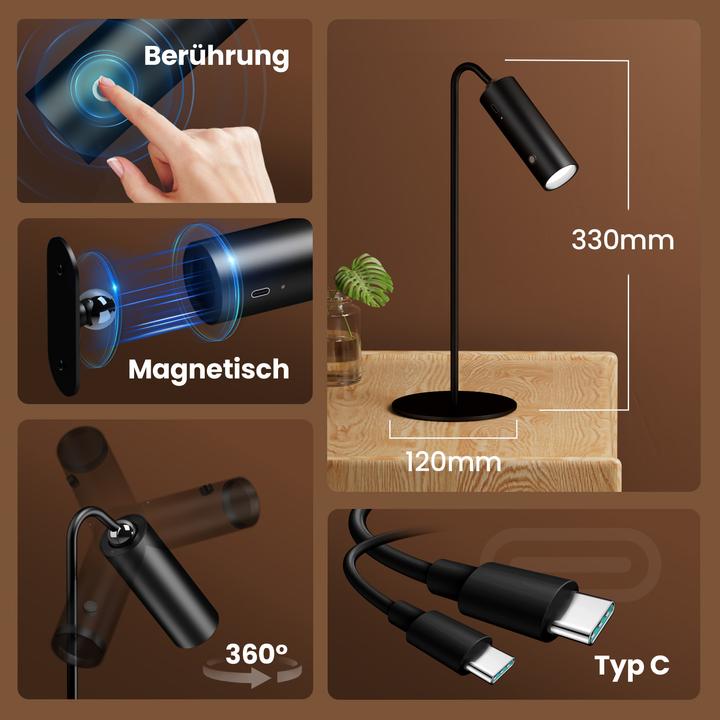 Produktbild Emke LED Tischlampe kabellos, 6-in-1, dimmbar, Touch LED, Schwarz, 3 Farbmodi, magnetische Wandleuchte, U