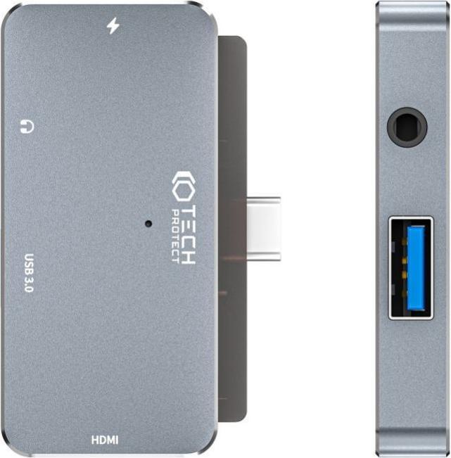Image du produit Tech-Protect HUB V6 4en1 USB-C - USB-A 3.0 / USB-C PD100W / HDMI / mini jack 3.5mm - gris (USB-C, 4 Ports)