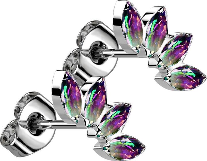 Produktbild Star Piercing Threadless Ohrstecker silber Fächer mit vier Kristalle dunkel multicolor (Titan G23, ohne Messing)