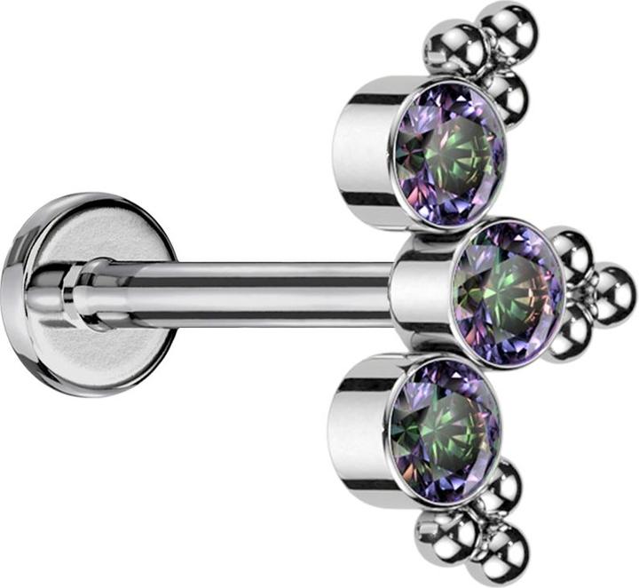 Produktbild Star Piercing Micro Threadless Labret silber dreiecks Kugeln drei Kristalle dunkel multicolor (ohne Messing, Titan G23)