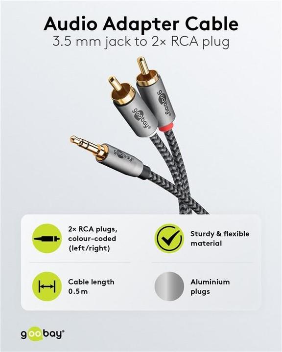 Produktbild Goobay Audio Adapterkabel AUX, 3,5-mm-Klinke zu Stereo-Cinch-Stecker, 0,5 m, Sharkskin Grey (0.50 m, 3.5mm Klinke (AUX))