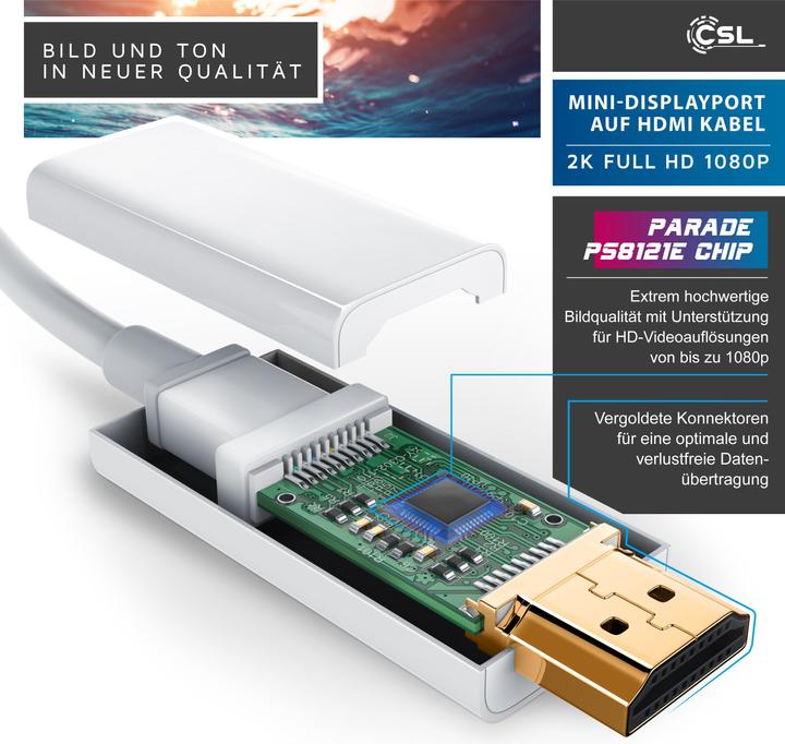 Actual product image CSL 4k Mini Displayport to HDMI Cable | Thunderbolt 1 and Thunderbolt 2 Ports | 4K Ultra HD 2160p (3 m, DisplayPort, HDMI)