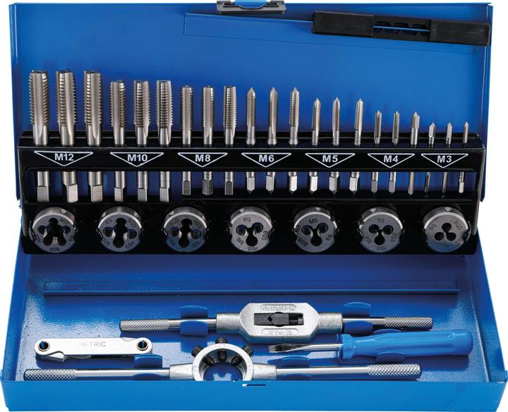 1x Schraubendreher, 1x Gewindelehre, HSS-G-Stahl, 1x Schneideisenhalter 25 x 9 mm, 1x Schneidbohrer-Windeisen DIN 1814 Nr. 1, 7x Schneideisen DIN 223 25x9 mm, 7x Gewindebohrersätze DIN 352