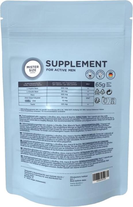 Nährwerte und Zutaten Mister Size Jetzt den Supplement entdecken: Nahrungsergänzungsmittel mit L-Arginin, L-Citrullin, Zi (1 Stück, Kapseln, 72 g)