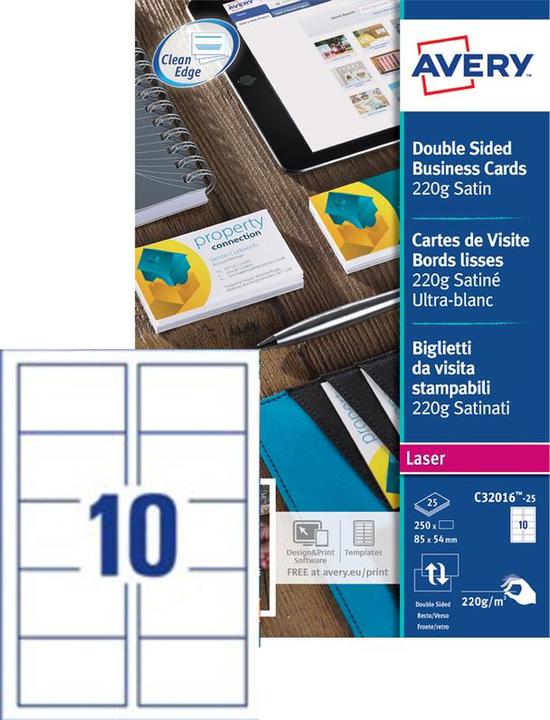 Produktbild Avery Dennison Visitenkarten Zweckform C32016, 85x54 mm, Laser, weiss, Pk. 250 Stk. (85 x 54 mm)