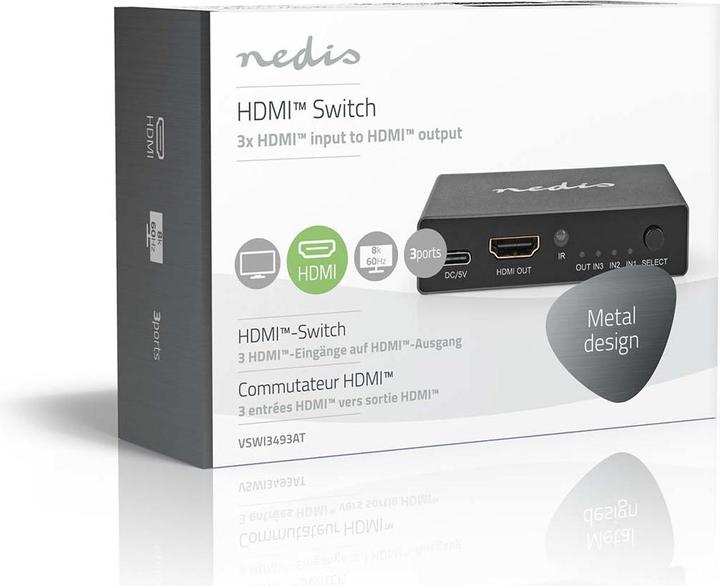Actual product image Nedis HDMI ™ switch | 3-port port(s) | 3x HDMI™ input | HDMI™ output | 8K@60Hz | 45 Gbps | remote